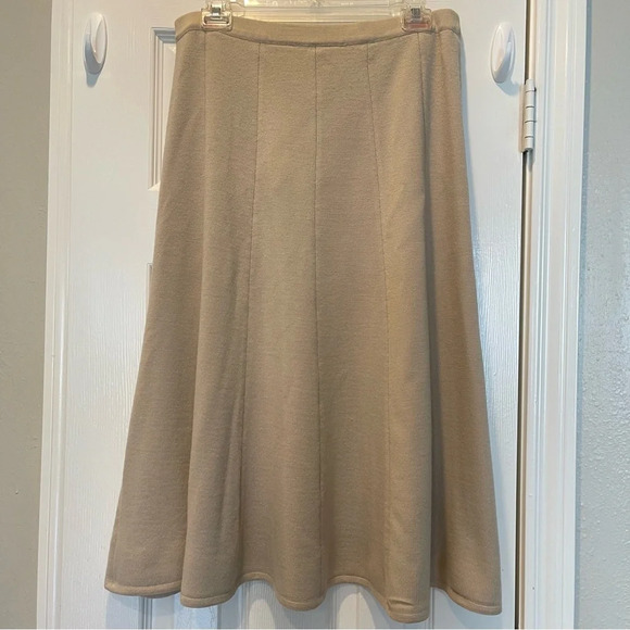 Fatos Triko Merino Wool Midi Skirt Cozy Elastic Waist Beige Minimalist Modest 8 - Picture 1 of 7